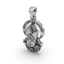The lightweight Khatu Shyam Baba pendant in 925 silver, displaying its antique oxidized finish and hollow back design.