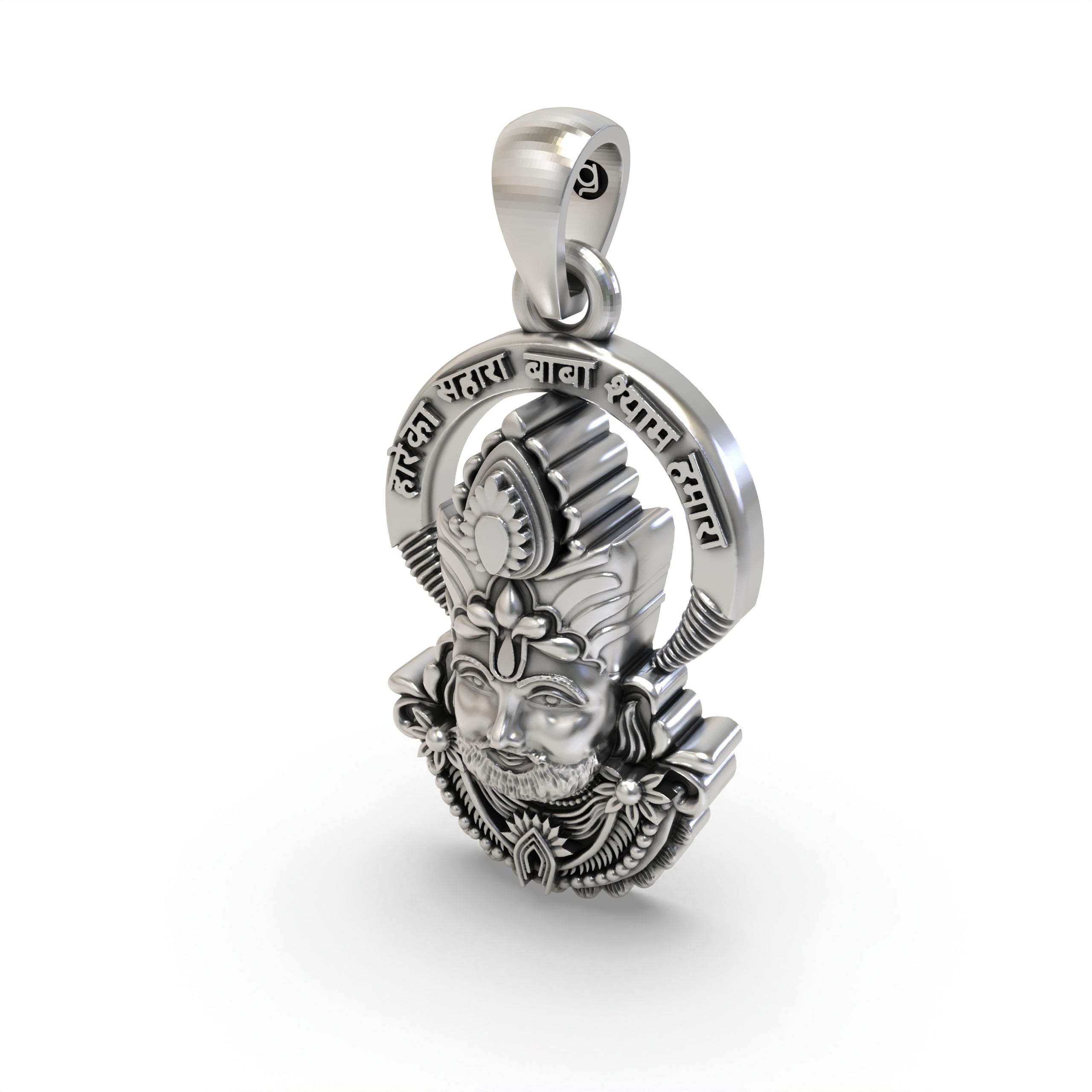 The lightweight Khatu Shyam Baba pendant in 925 silver, displaying its antique oxidized finish and hollow back design.