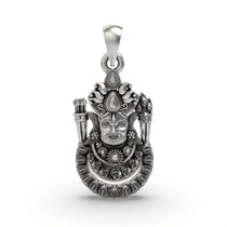 Front view of a handcrafted Khatu Shyam Ji face pendant made from 925 sterling silver with an antique oxidized finish.