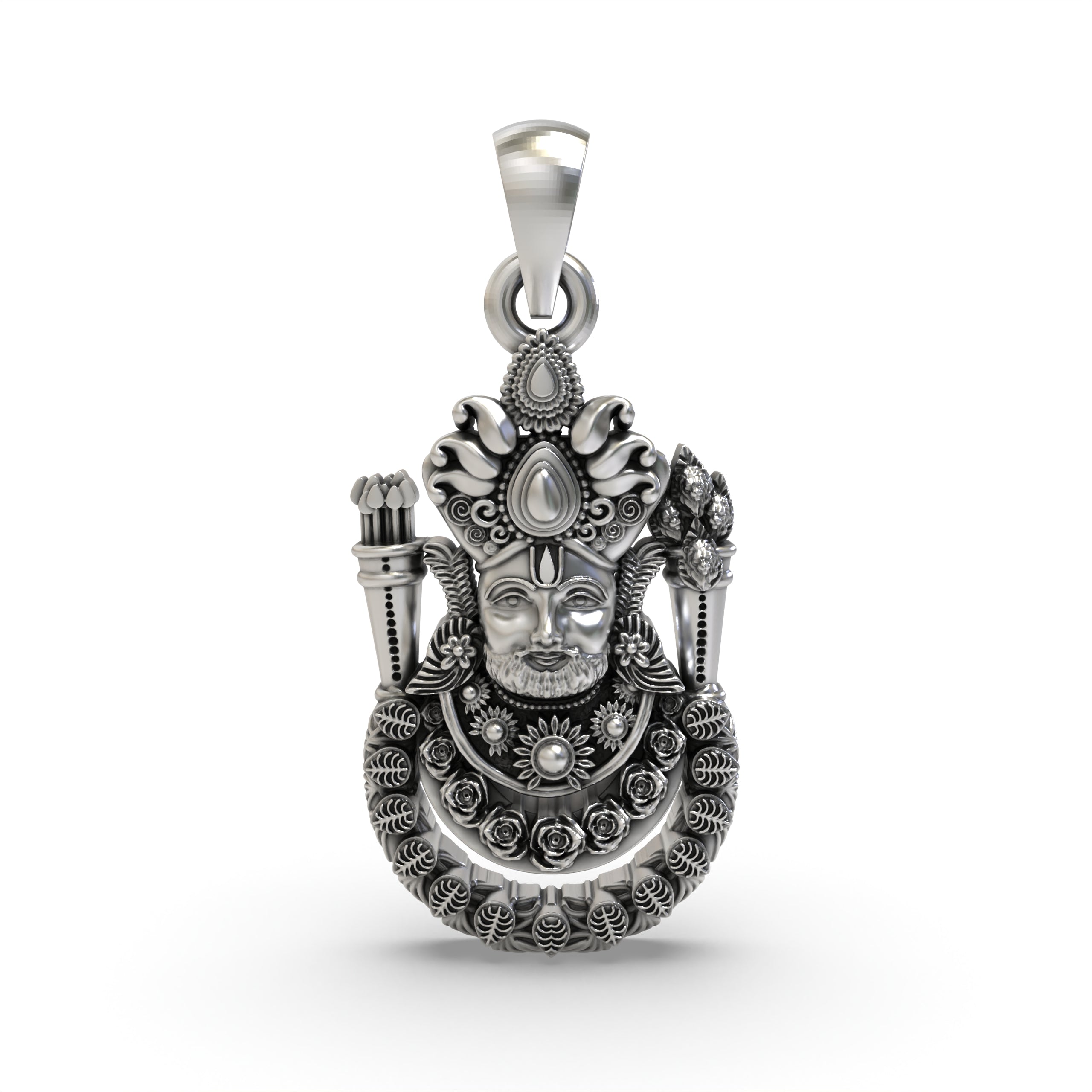 Front view of a handcrafted Khatu Shyam Ji face pendant made from 925 sterling silver with an antique oxidized finish.