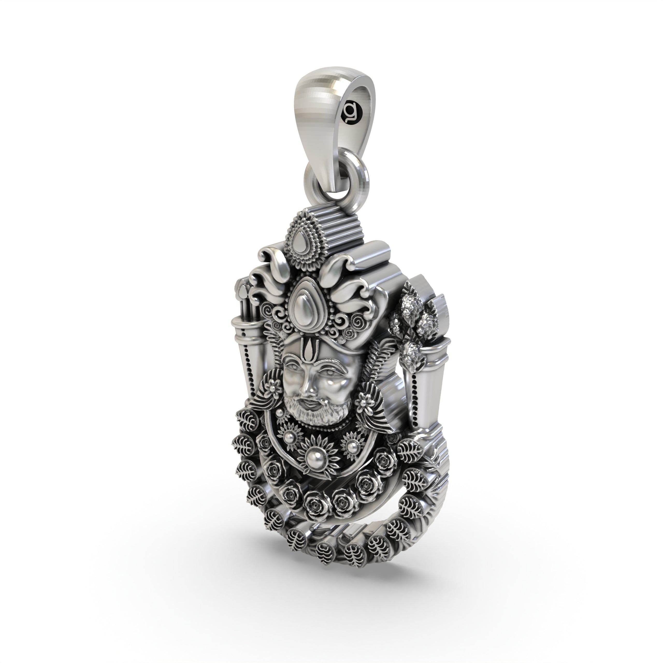 The Khatu Shyam Ji pendant in oxidized 925 silver, shown from a perspective view to display its spiritual artistry.
