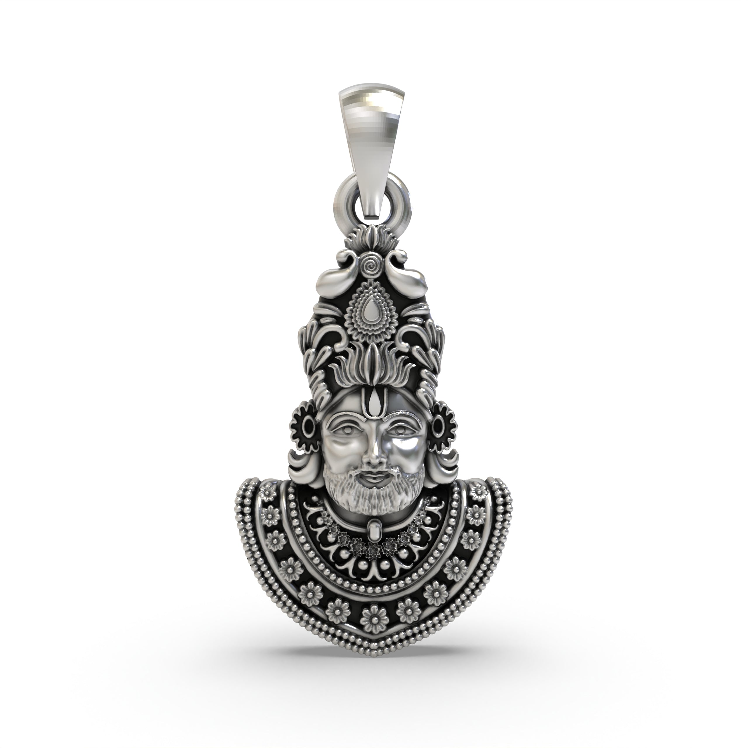 Front view of the oxidized 925 sterling silver Khatu Shyam Ji face pendant, showcasing its detailed craftsmanship. Main image