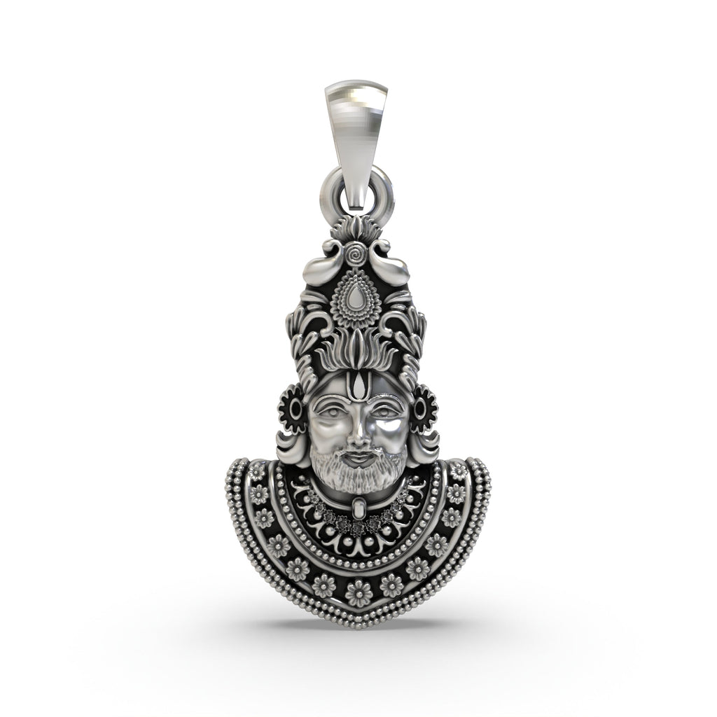 Front view of the oxidized 925 sterling silver Khatu Shyam Ji face pendant, showcasing its detailed craftsmanship.