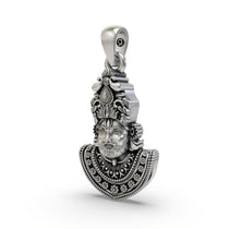 Angled profile of the devotional Khatu Shyam pendant in 925 silver, highlighting its serene expression and finish.