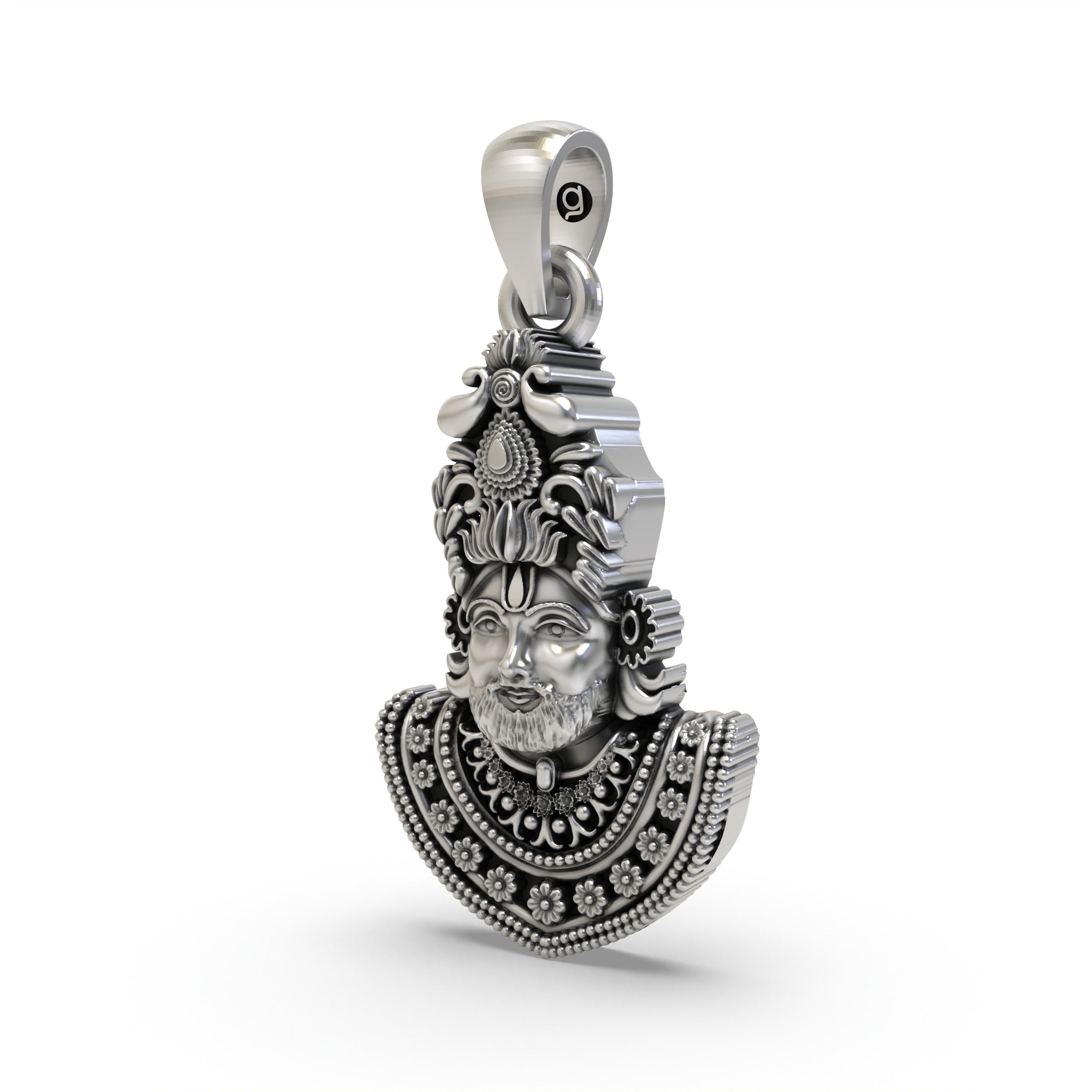 Angled profile of the devotional Khatu Shyam pendant in 925 silver, highlighting its serene expression and finish.