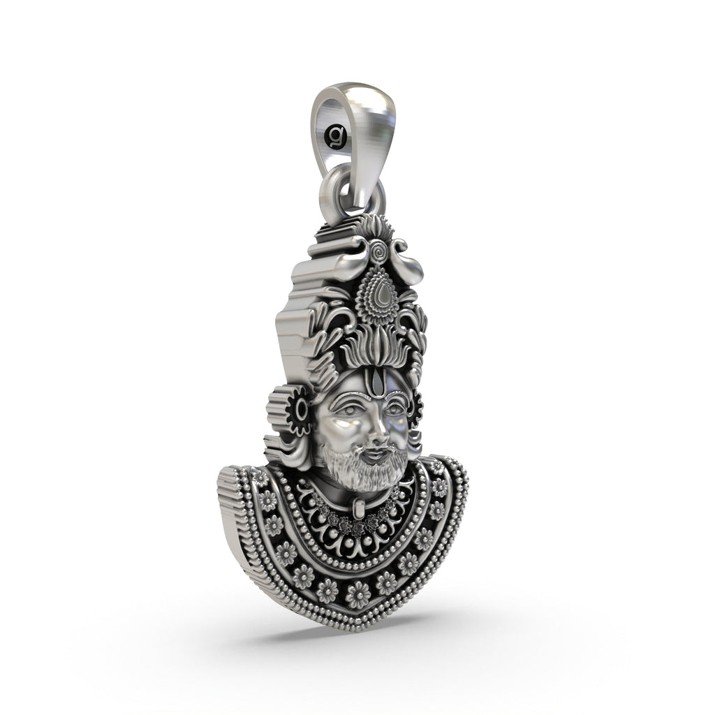 Close-up detail of the handcrafted 925 sterling silver Khatu Shyam pendant, showing the intricate antique design.