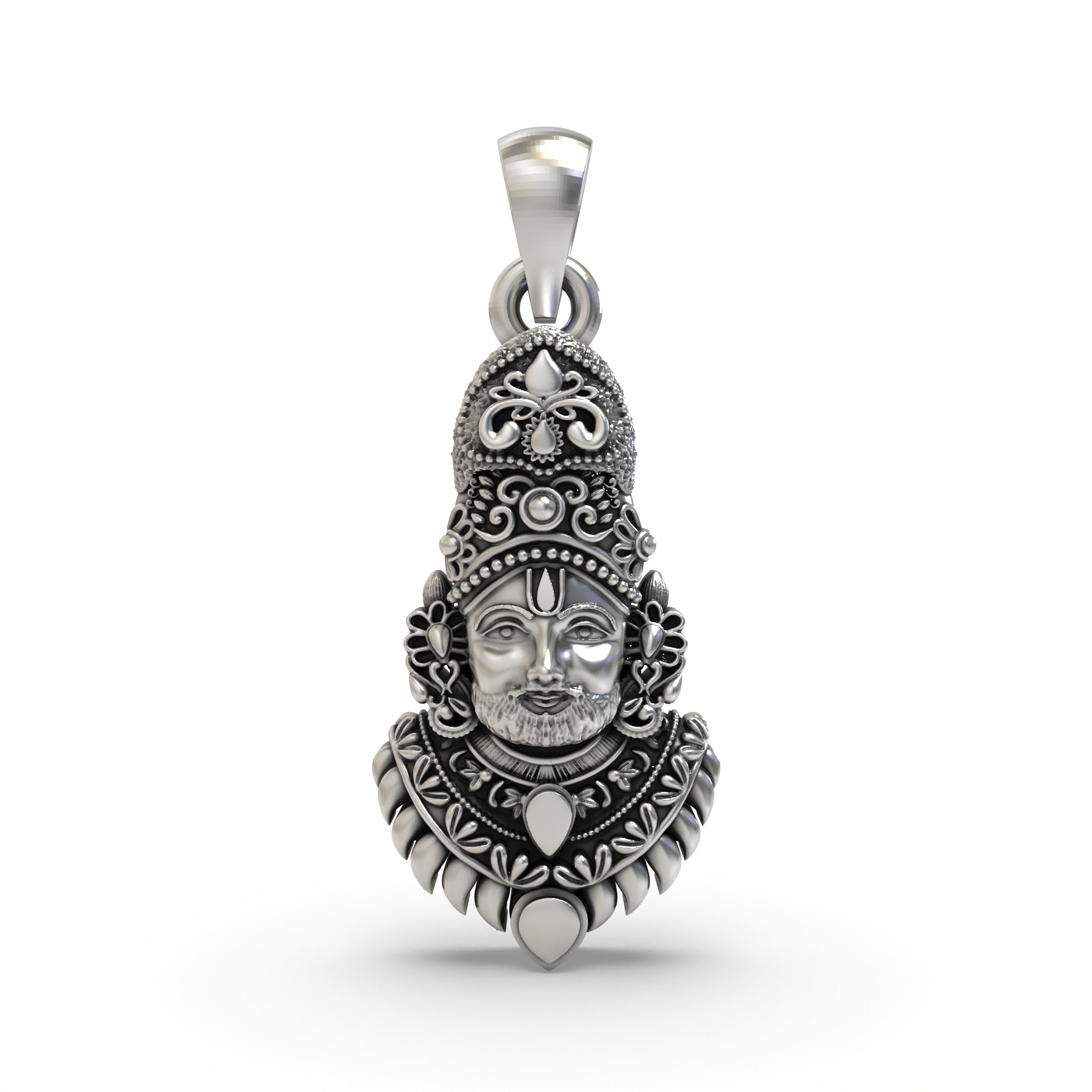 Front view of the intricately carved 925 silver Khatu Shyam Ji face pendant, showcasing its divine expression and detail. Main image