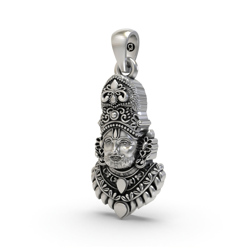 Close-up of the oxidized 925 sterling silver Khatu Shyam Ji pendant, highlighting the antique finish and craftsmanship.