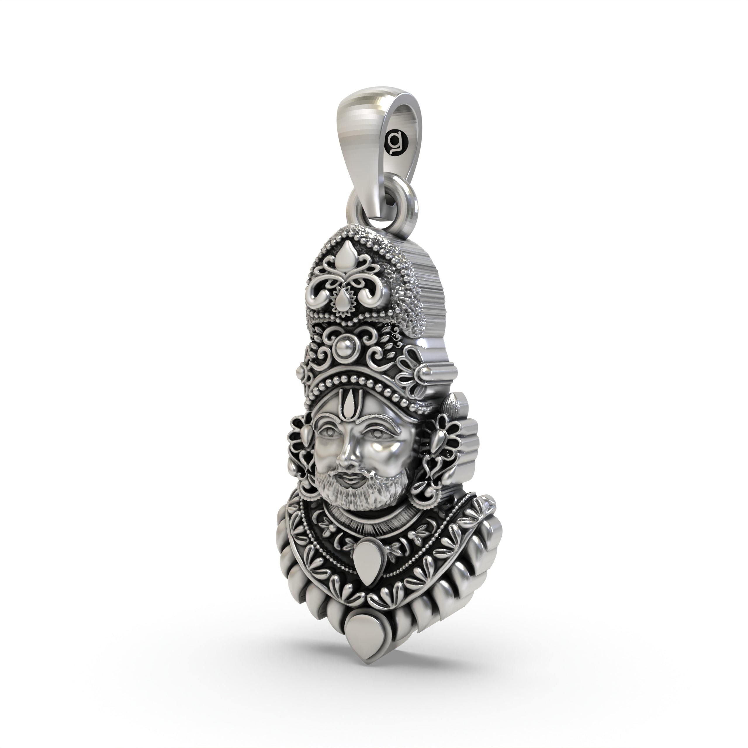 Close-up of the oxidized 925 sterling silver Khatu Shyam Ji pendant, highlighting the antique finish and craftsmanship.