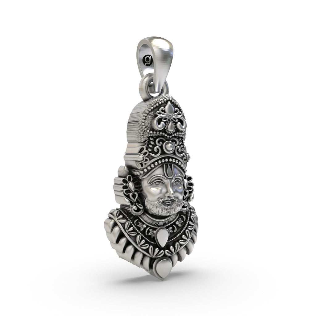 Angled side view of the hallmarked 925 silver Khatu Shyam Ji pendant, showing its three-dimensional character.