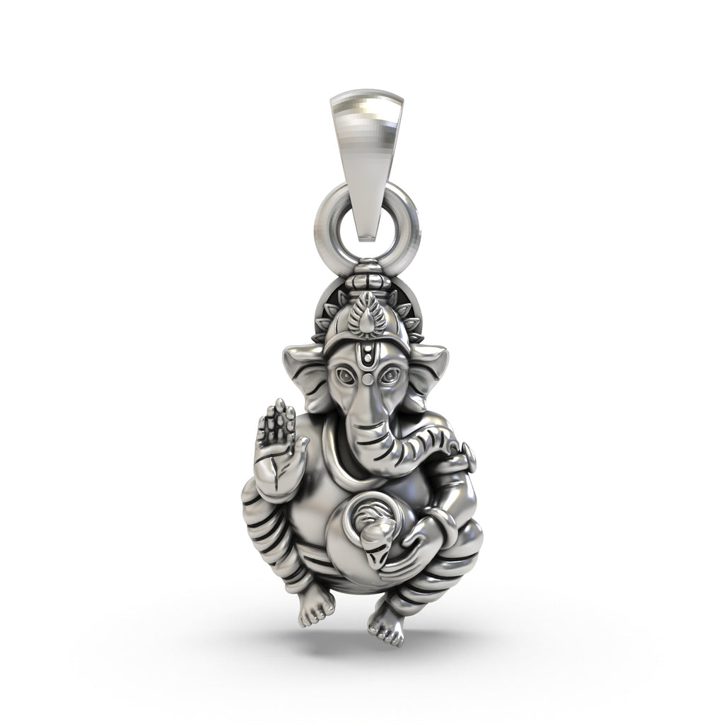 Front view of a handcrafted Ganpati Bapa pendant in oxidized 925 sterling silver, showing the detailed face of Lord Ganesh.