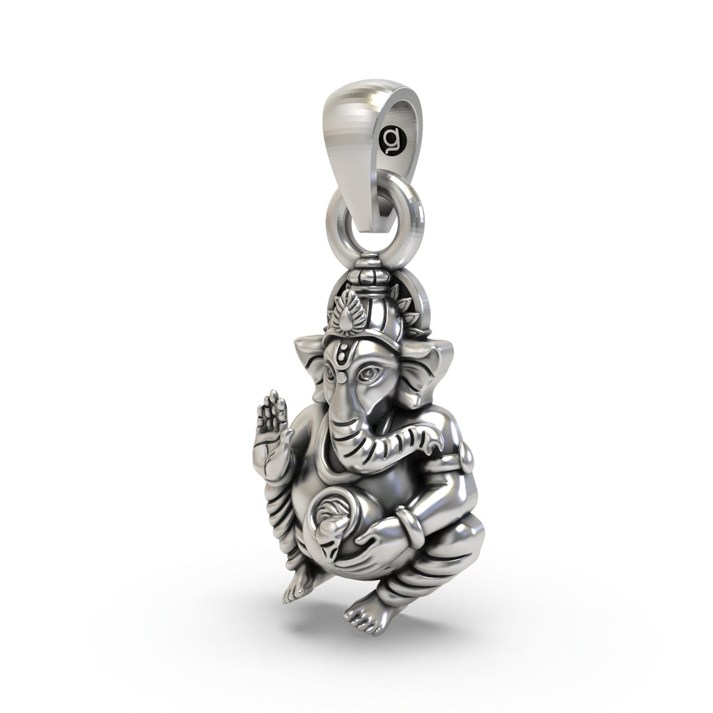 Angled view of the 925 silver Ganpati Bapa pendant, highlighting its antique oxidized finish and intricate craftsmanship.