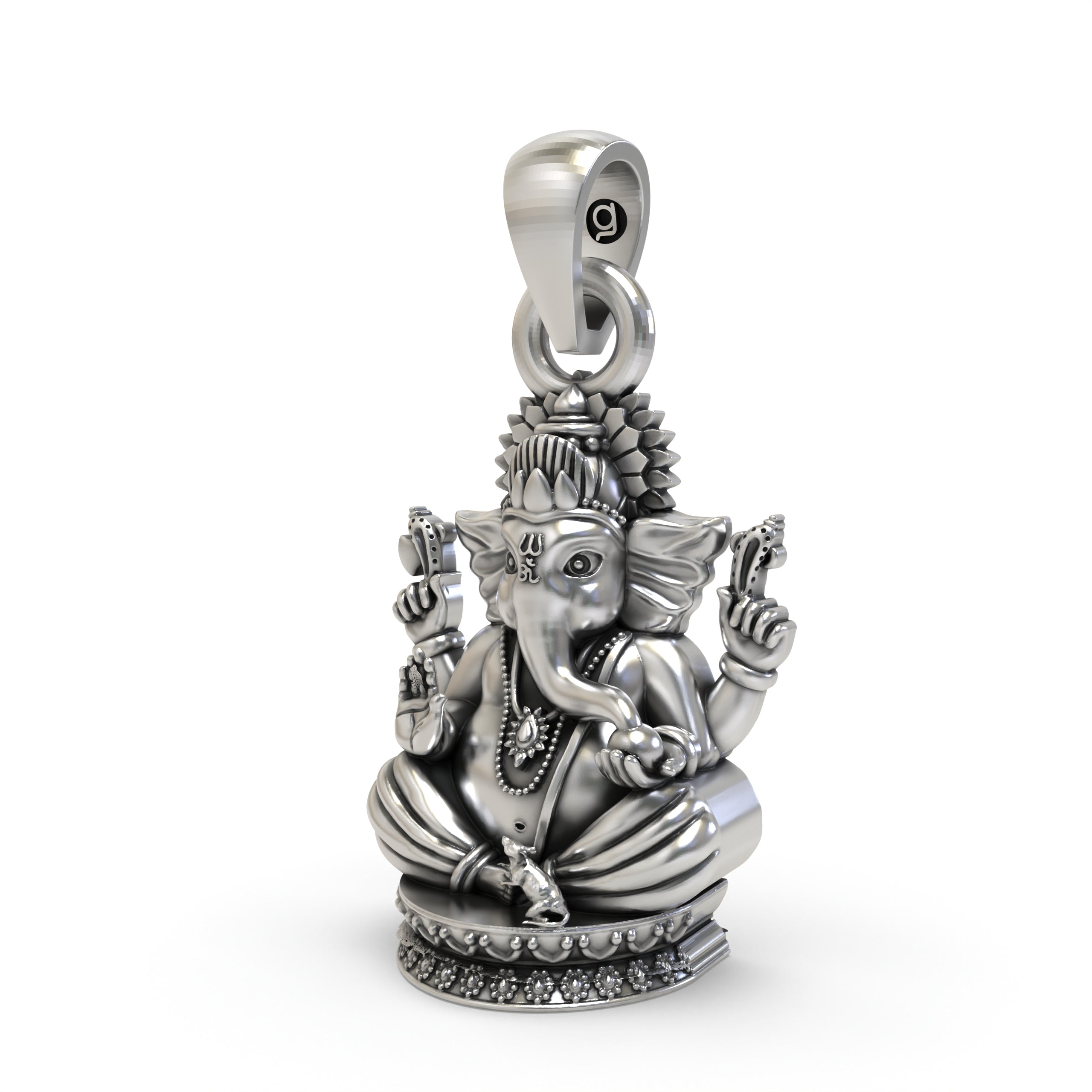 An angled profile view of the Lord Ganesha pendant showcasing its divine facial detailing in 925 silver.