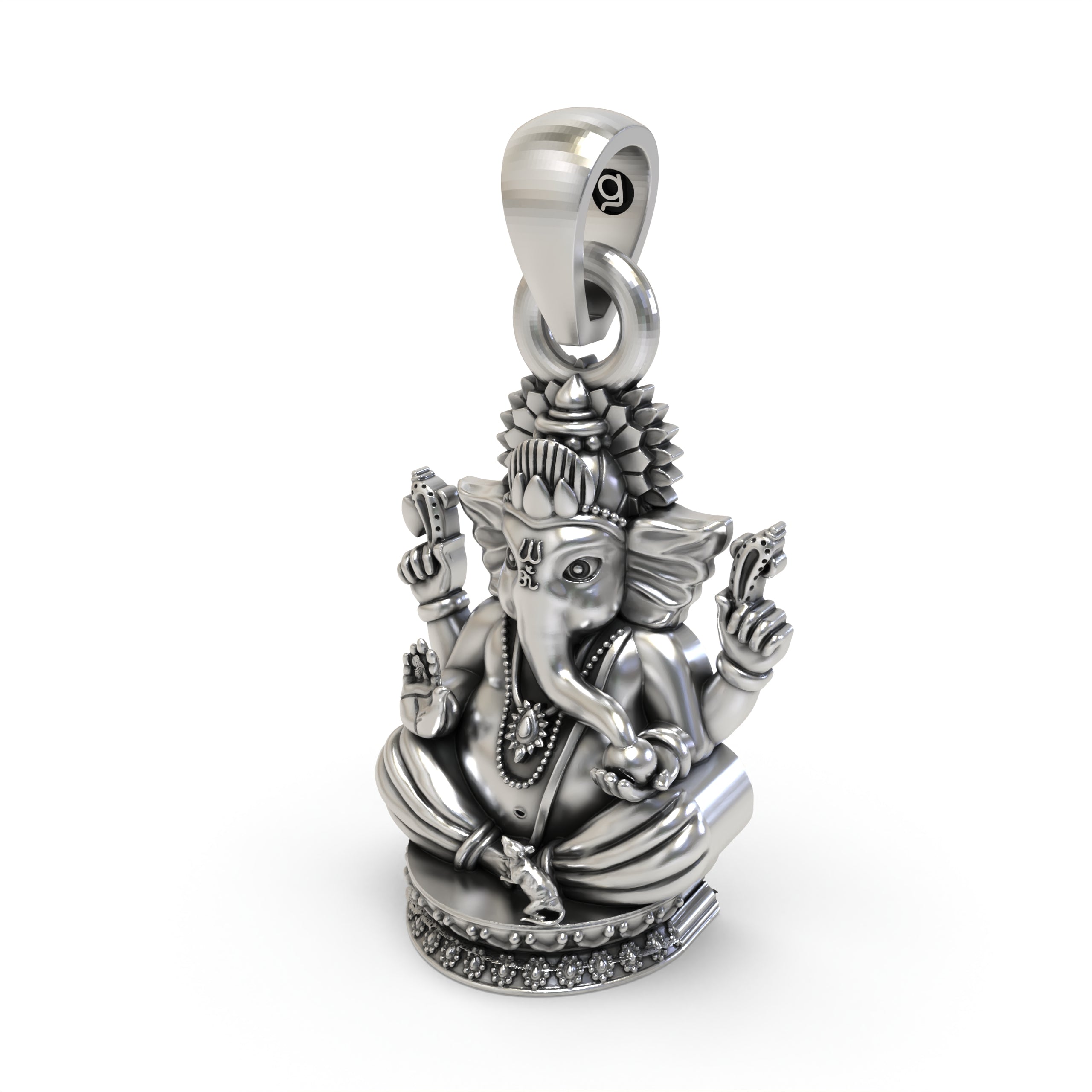 A lightweight Ganpati Bappa face pendant in oxidized 925 silver shown with its hollow back design.