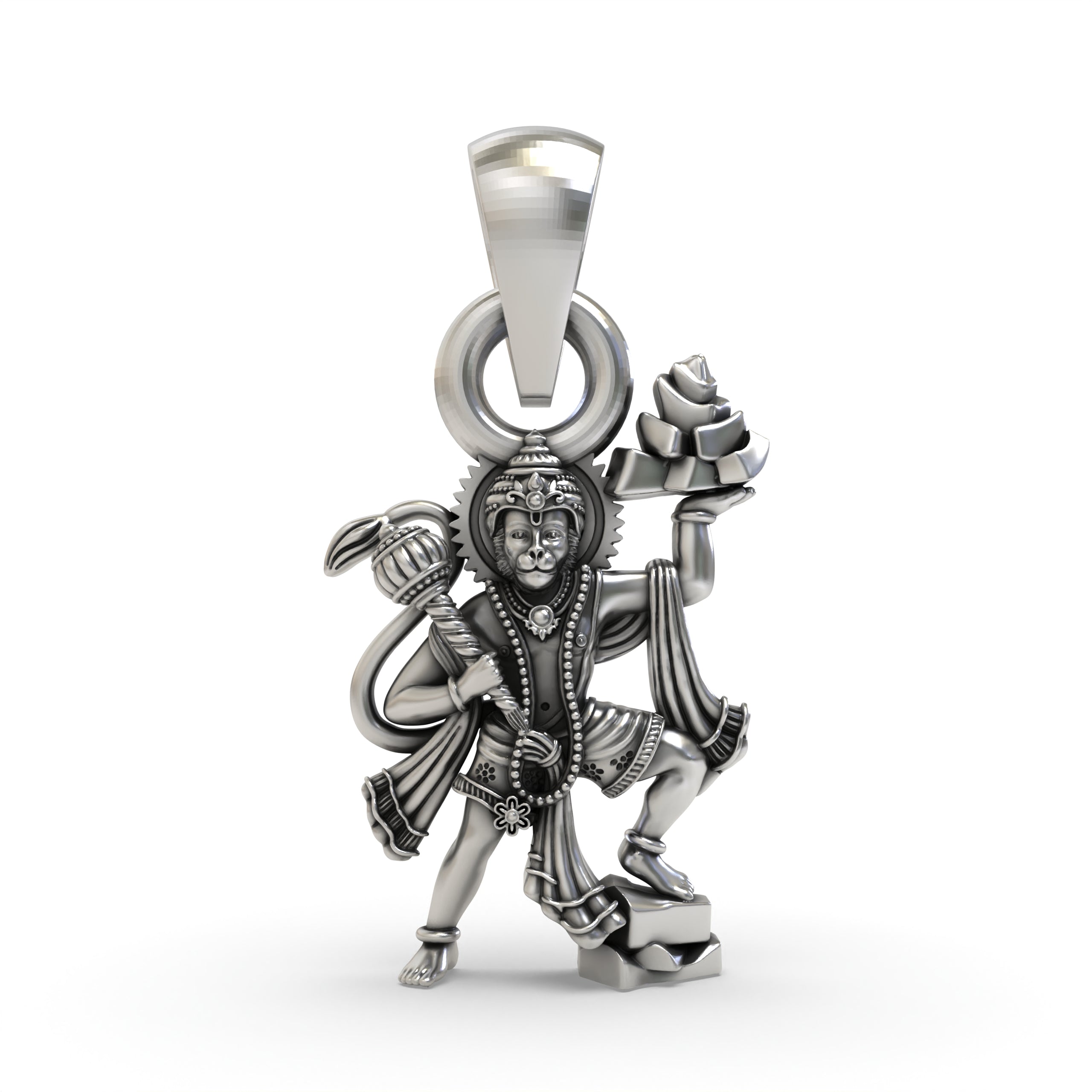 Front view of the Hanumanji carrying Sanjeevani Parvat pendant in oxidized 925 silver on a white background. Main image