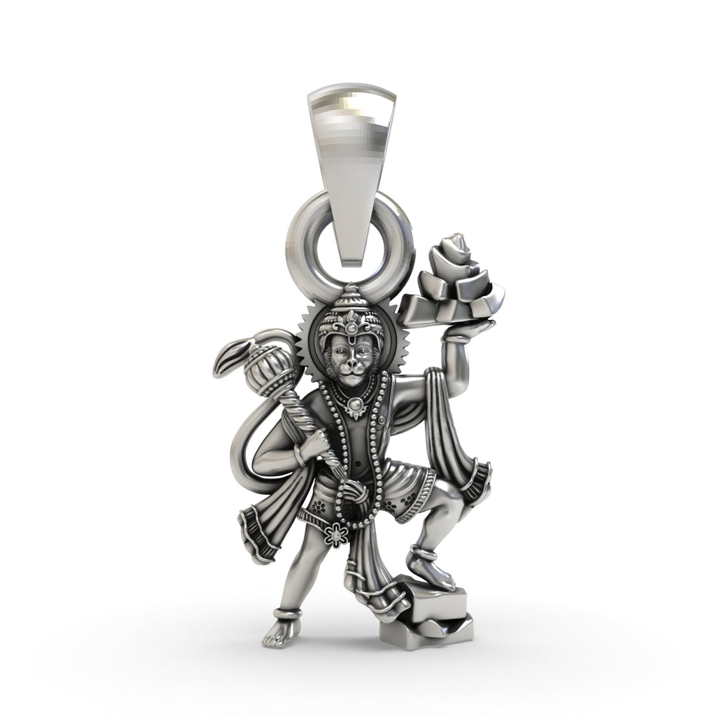 Front view of the Hanumanji carrying Sanjeevani Parvat pendant in oxidized 925 silver on a white background.