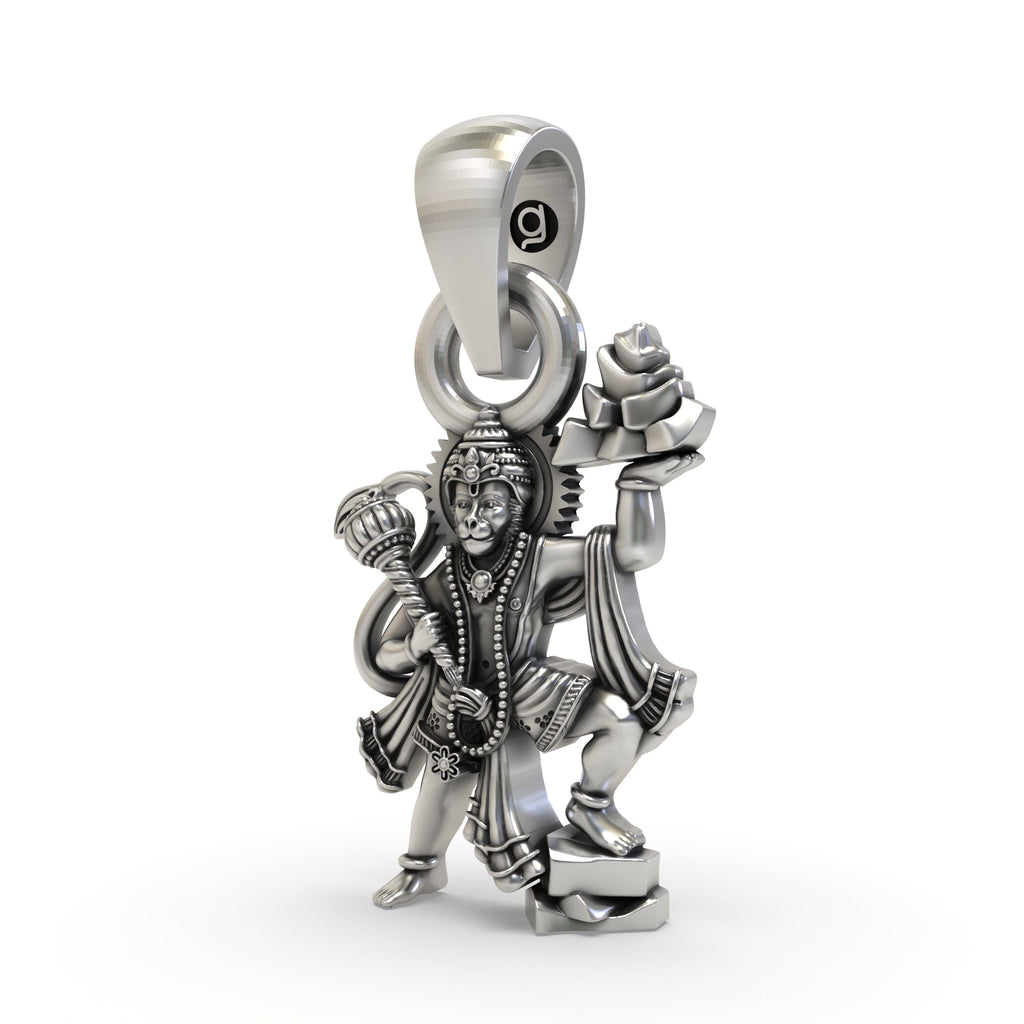 Angled profile view of the 925 silver Hanumanji Sanjeevani Parvat pendant showcasing its divine craftsmanship.