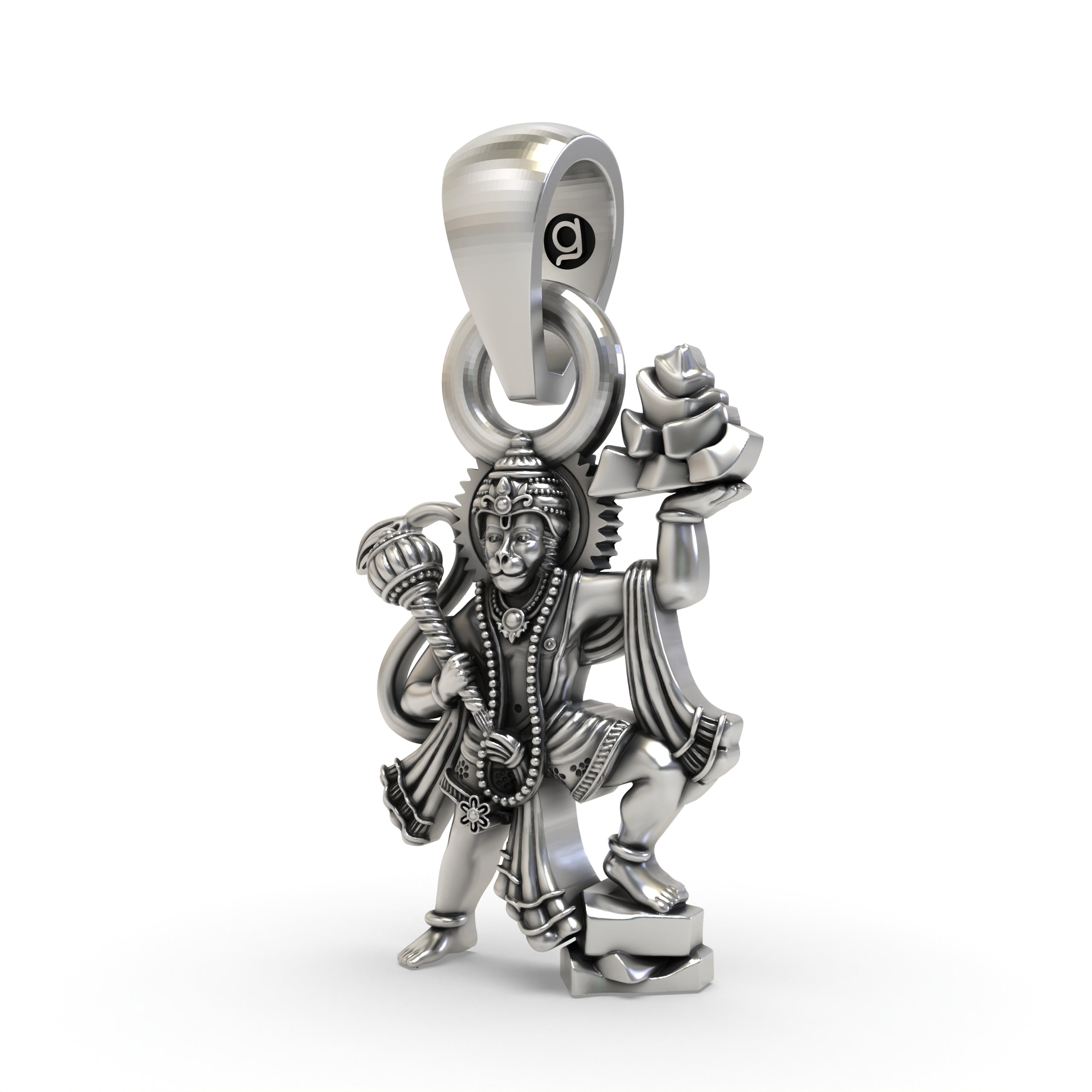 Angled profile view of the 925 silver Hanumanji Sanjeevani Parvat pendant showcasing its divine craftsmanship.