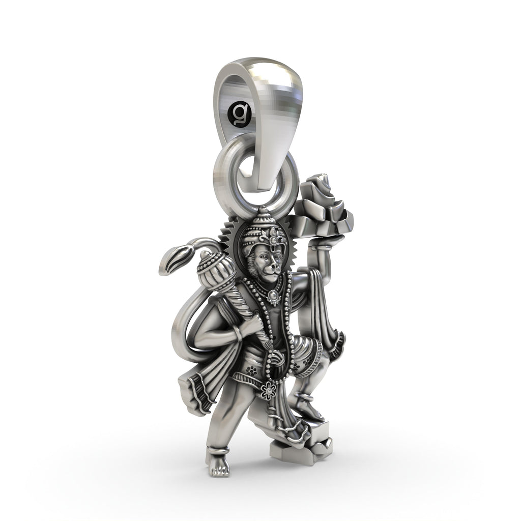 Close-up detail of the Hanumanji pendant, highlighting the antique oxidized finish on the sterling silver.
