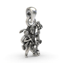 Close-up detail of the Hanumanji pendant, highlighting the antique oxidized finish on the sterling silver.