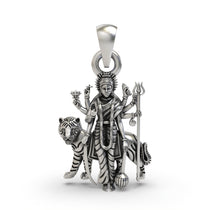Front view of the intricately detailed Durga Maa pendant in oxidized 925 sterling silver, showing her serene face.