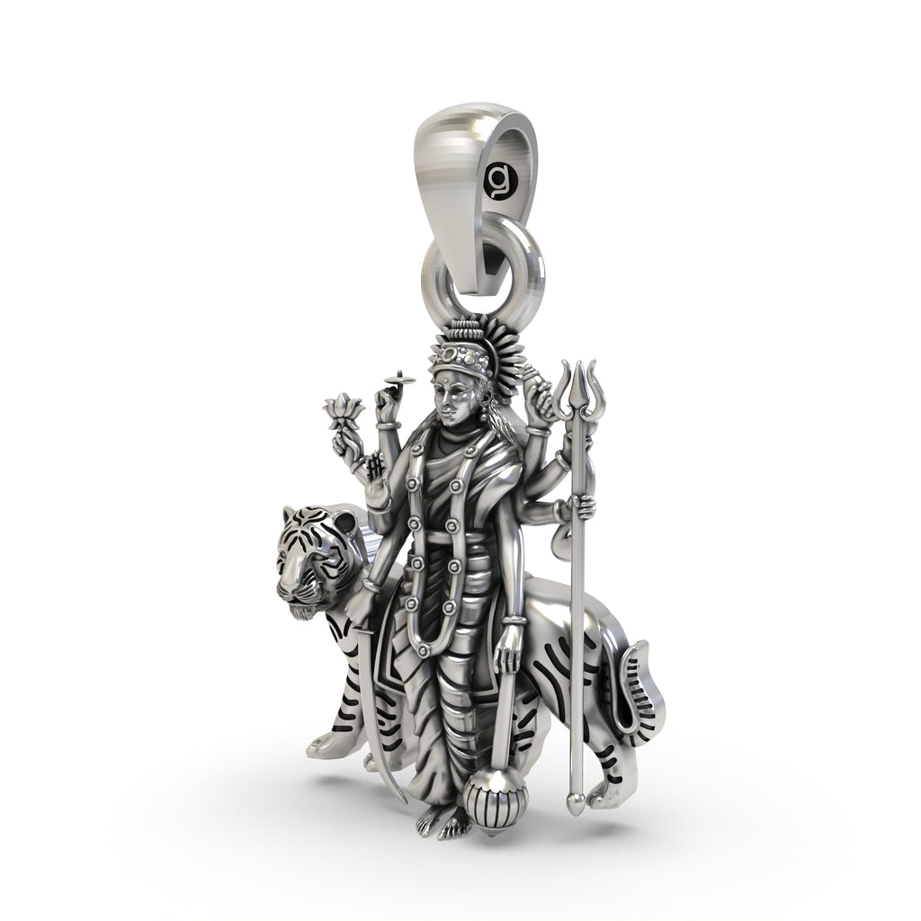 Angled side view of the 925 silver Durga Maa pendant, highlighting the craftsmanship and divine goddess profile.