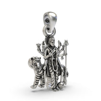 A close-up shot of the antique oxidized finish on the handcrafted 925 silver Durga Maa pendant for protection.