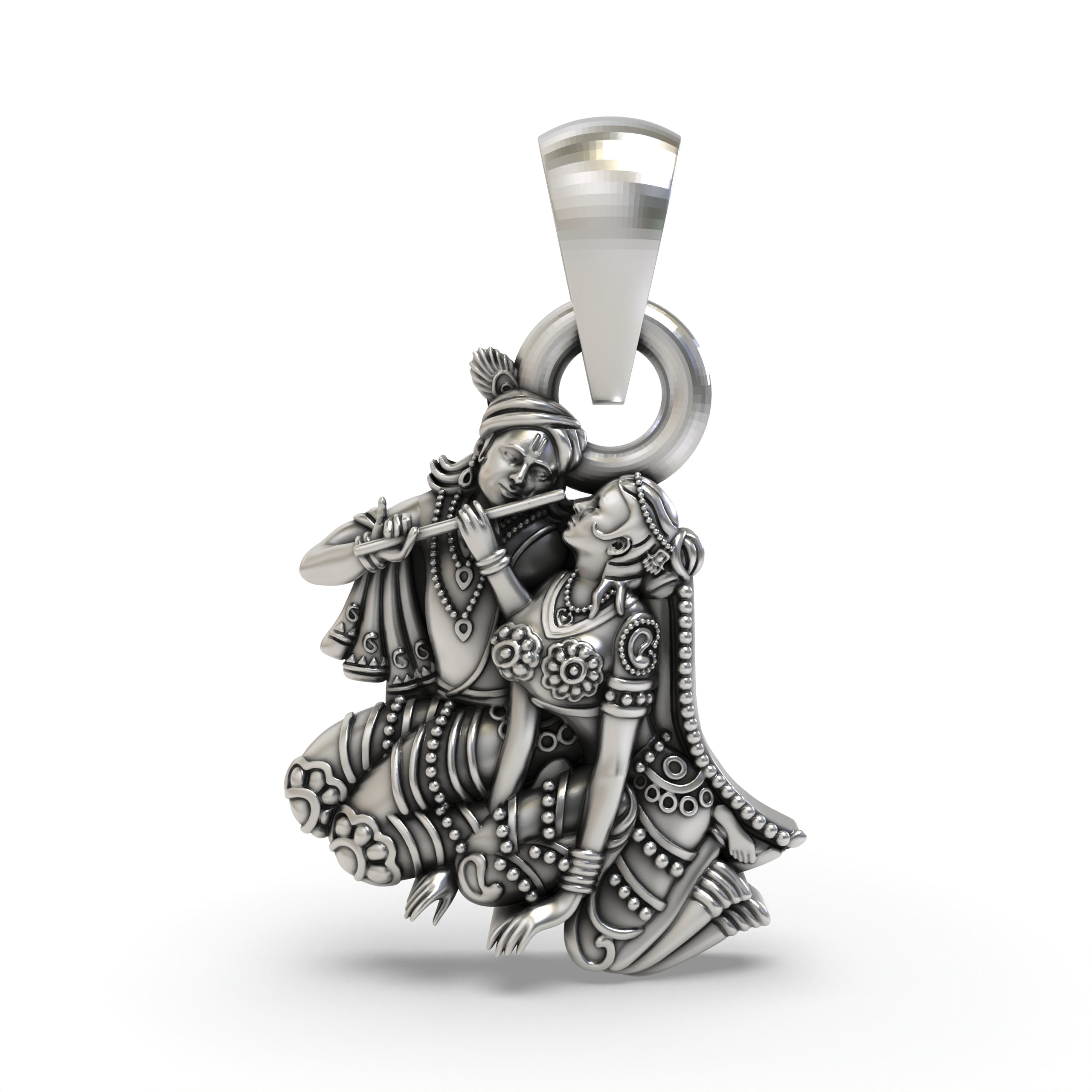 Front view of the detailed 925 silver Radha Krishna pendant, showing the divine couple in an oxidized finish. Main image