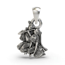 Front view of the detailed 925 silver Radha Krishna pendant, showing the divine couple in an oxidized finish.