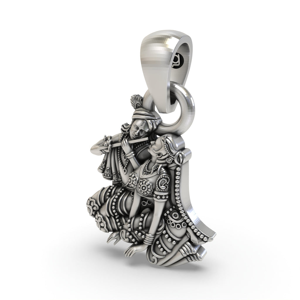 The spiritual Radha Krishna pendant crafted from 925 oxidized silver, a beautiful piece of devotional jewelry.