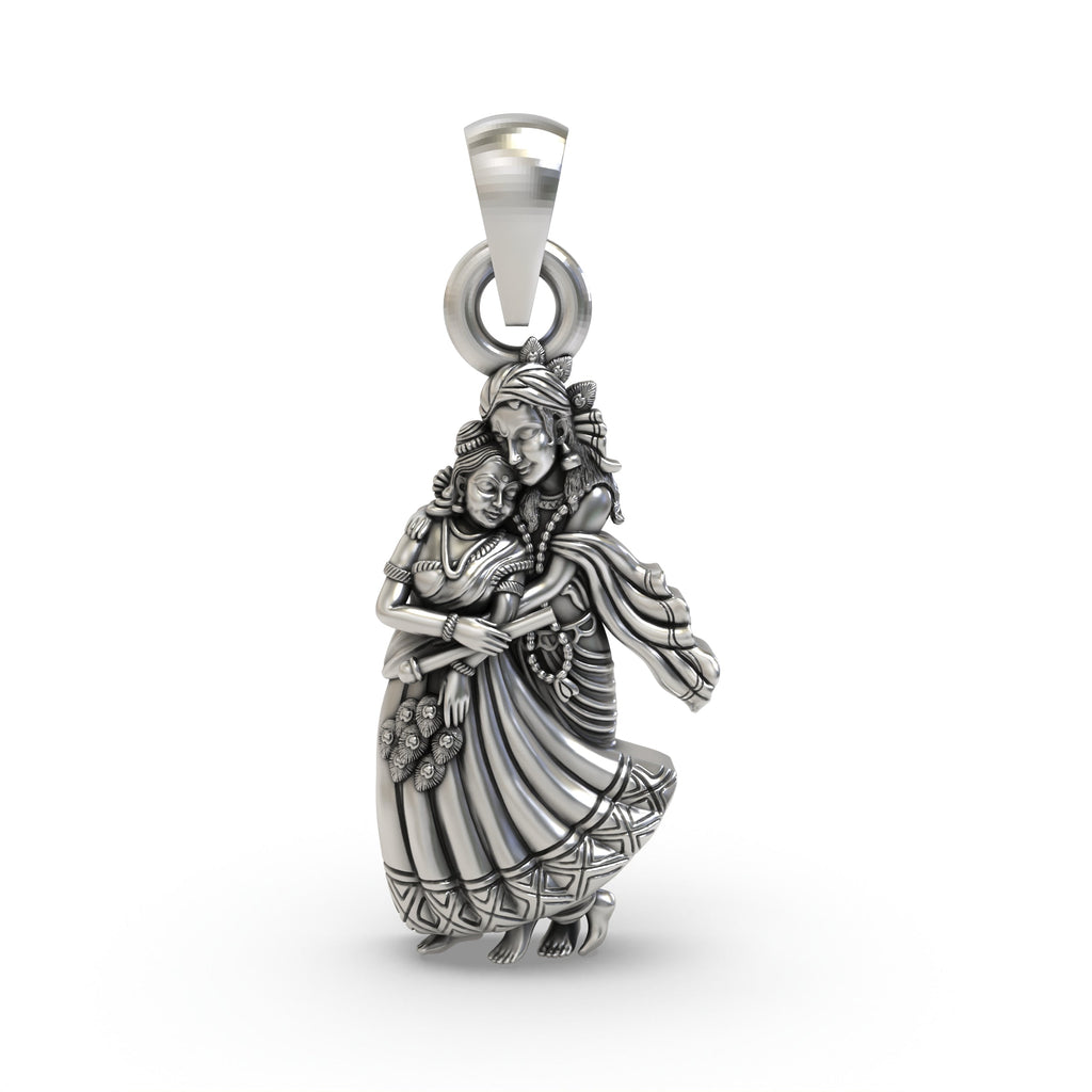 Front view of the handcrafted 925 silver Radha Krishna pendant showing the divine couple with an oxidized finish.