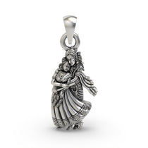 Front view of the handcrafted 925 silver Radha Krishna pendant showing the divine couple with an oxidized finish.