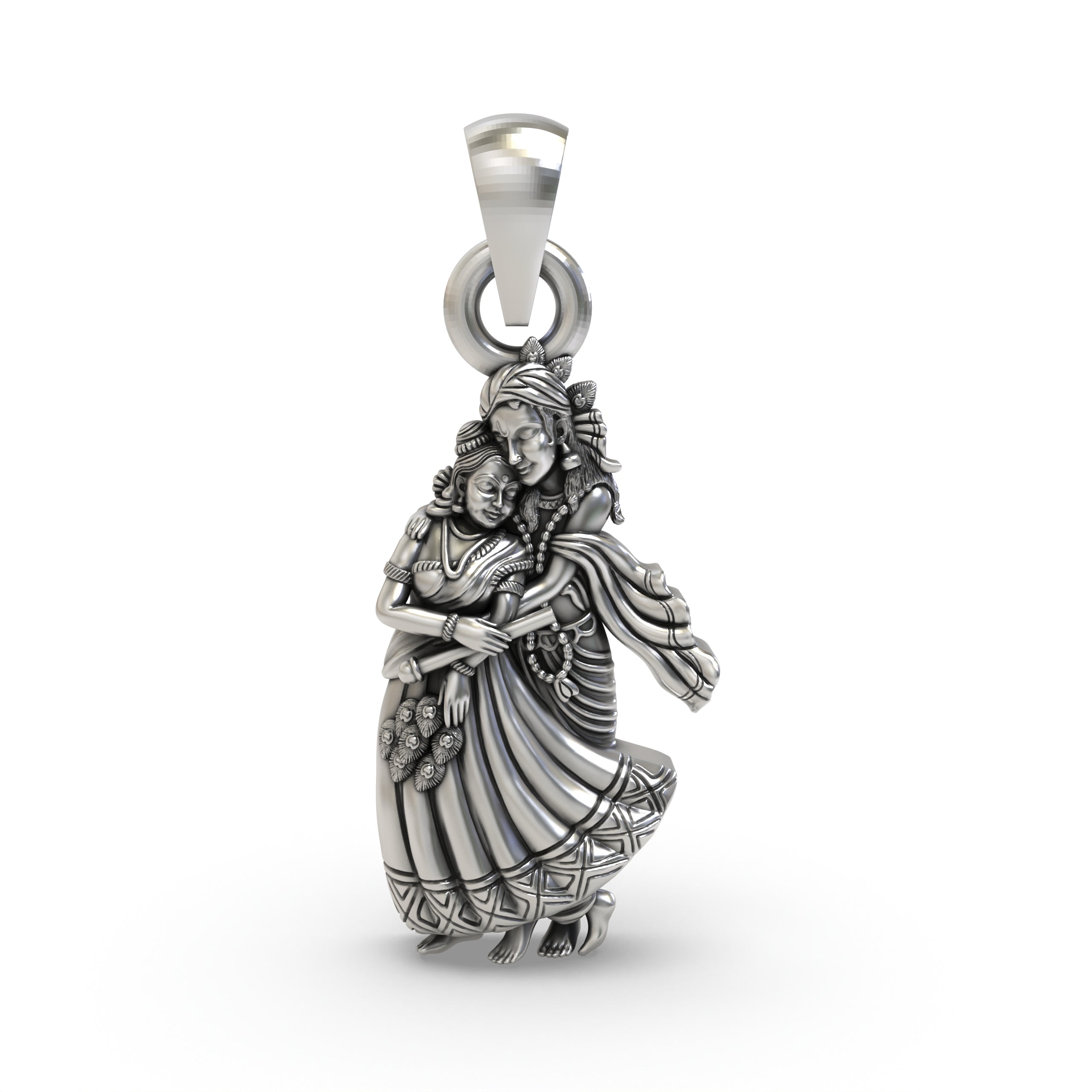 Front view of the handcrafted 925 silver Radha Krishna pendant showing the divine couple with an oxidized finish.