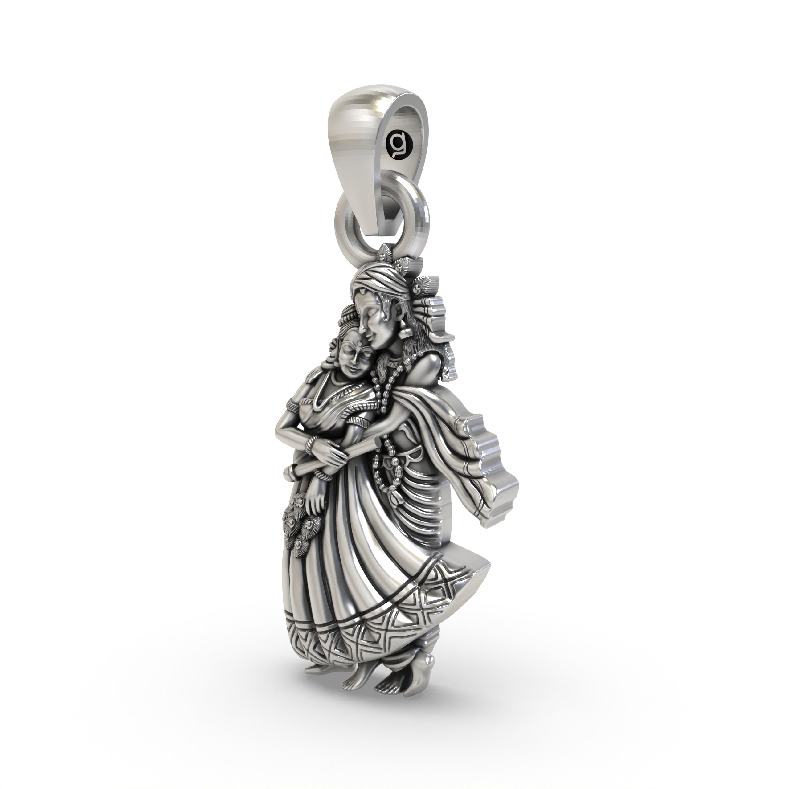 Angled close-up of the Radha Krishna silver pendant, highlighting the intricate details and antique oxidized look.