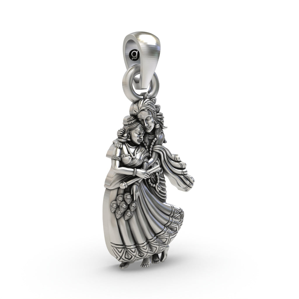 Side profile of the 925 sterling silver Radha Krishna pendant, displaying its lightweight design for comfort.
