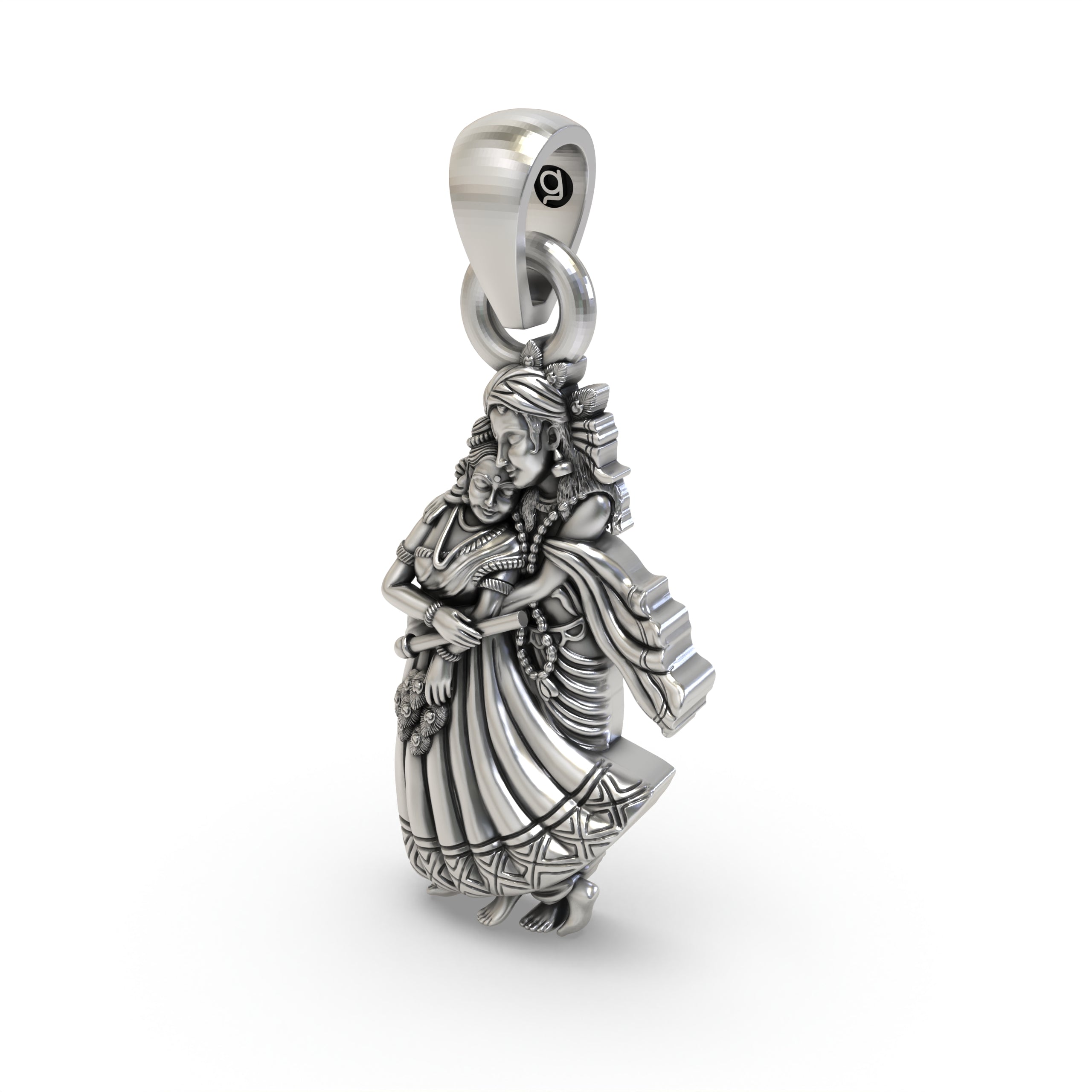 A detailed shot of the spiritual Radha Krishna pendant in 925 silver, a perfect devotional gift for festivals.