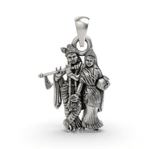 Front view of the detailed Radha Krishna 925 silver pendant showcasing the divine couple in an oxidized finish.