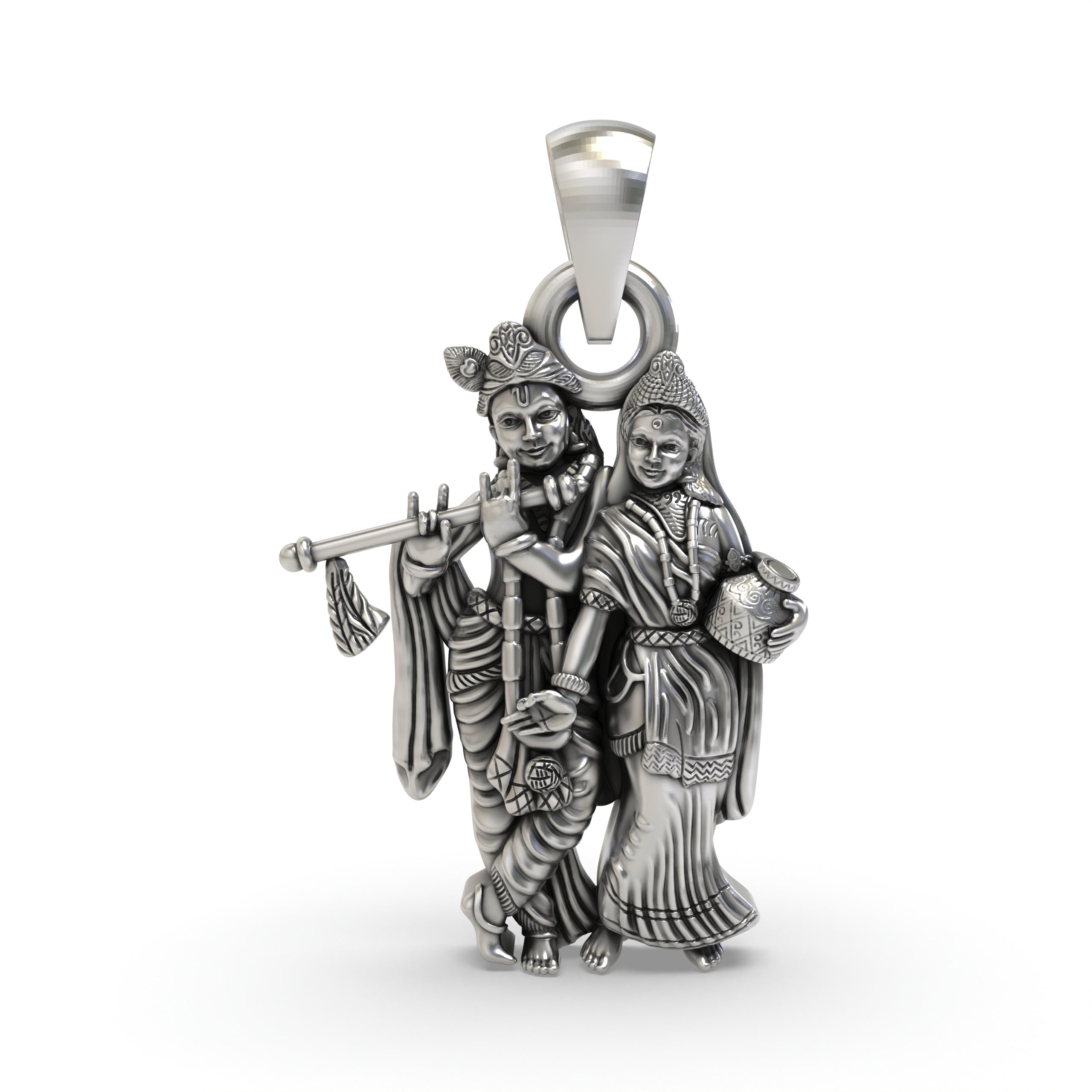 Front view of the detailed Radha Krishna 925 silver pendant showcasing the divine couple in an oxidized finish.