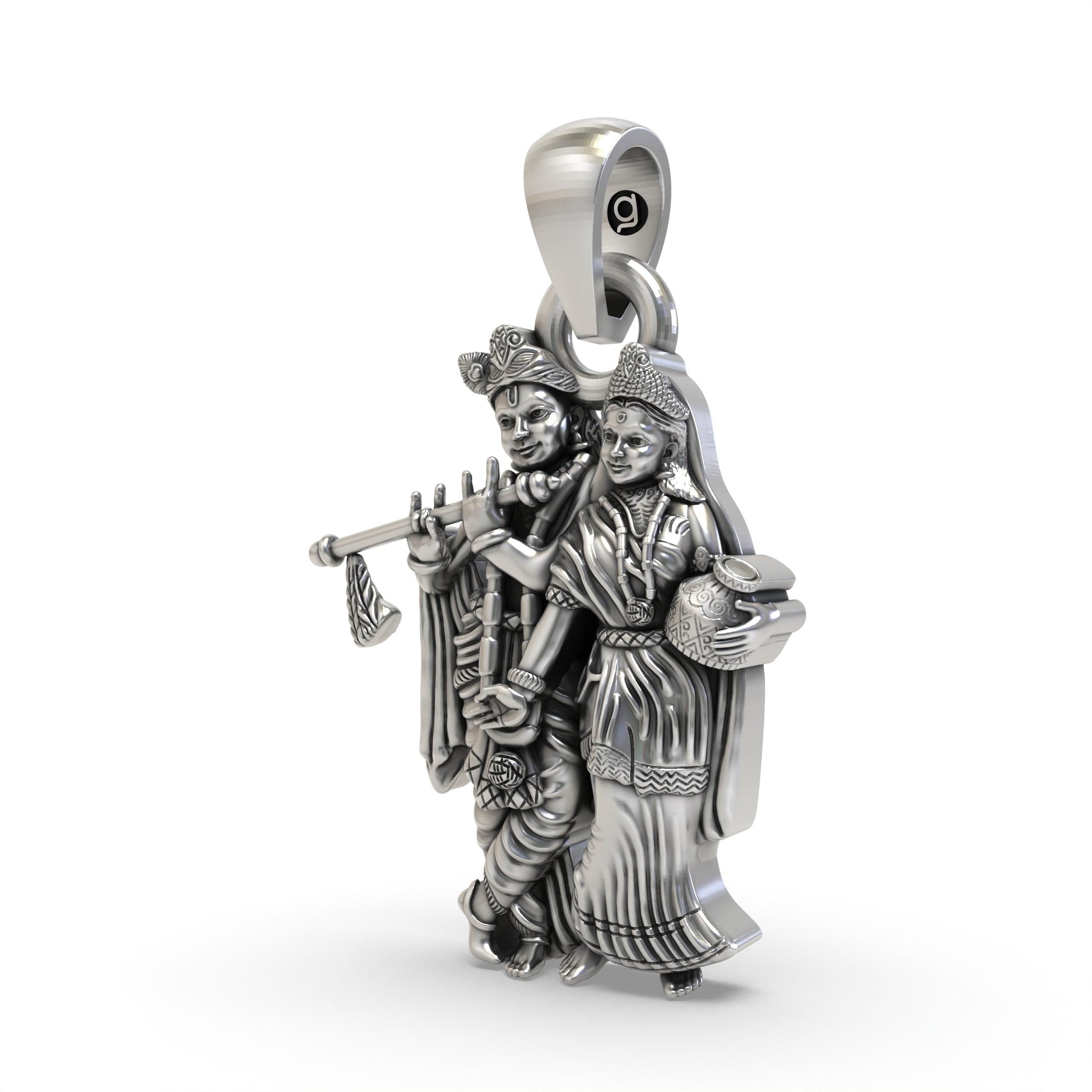 Angled view of the handmade Radha Krishna spiritual pendant in 925 sterling silver, showing its intricate design.