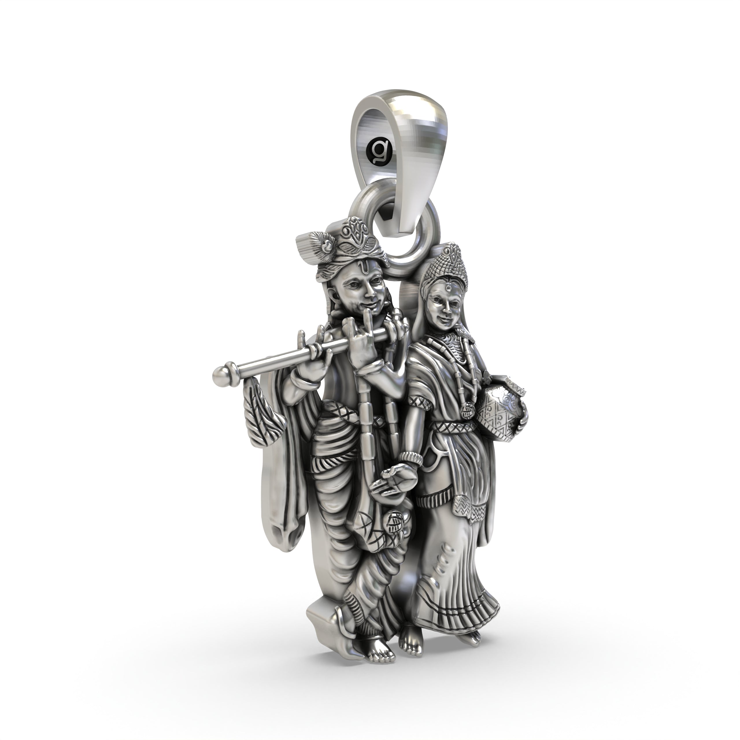Close-up detail of the Radha Krishna 925 silver pendant highlighting the traditional Indian artistry and antique look.