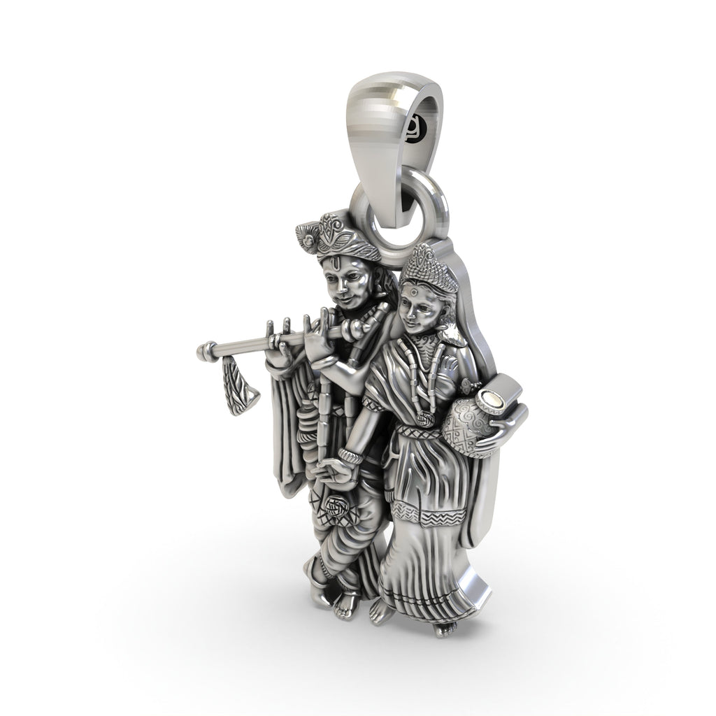 Backside view of the lightweight Radha Krishna 925 silver pendant, revealing its hollow design for comfortable wear.