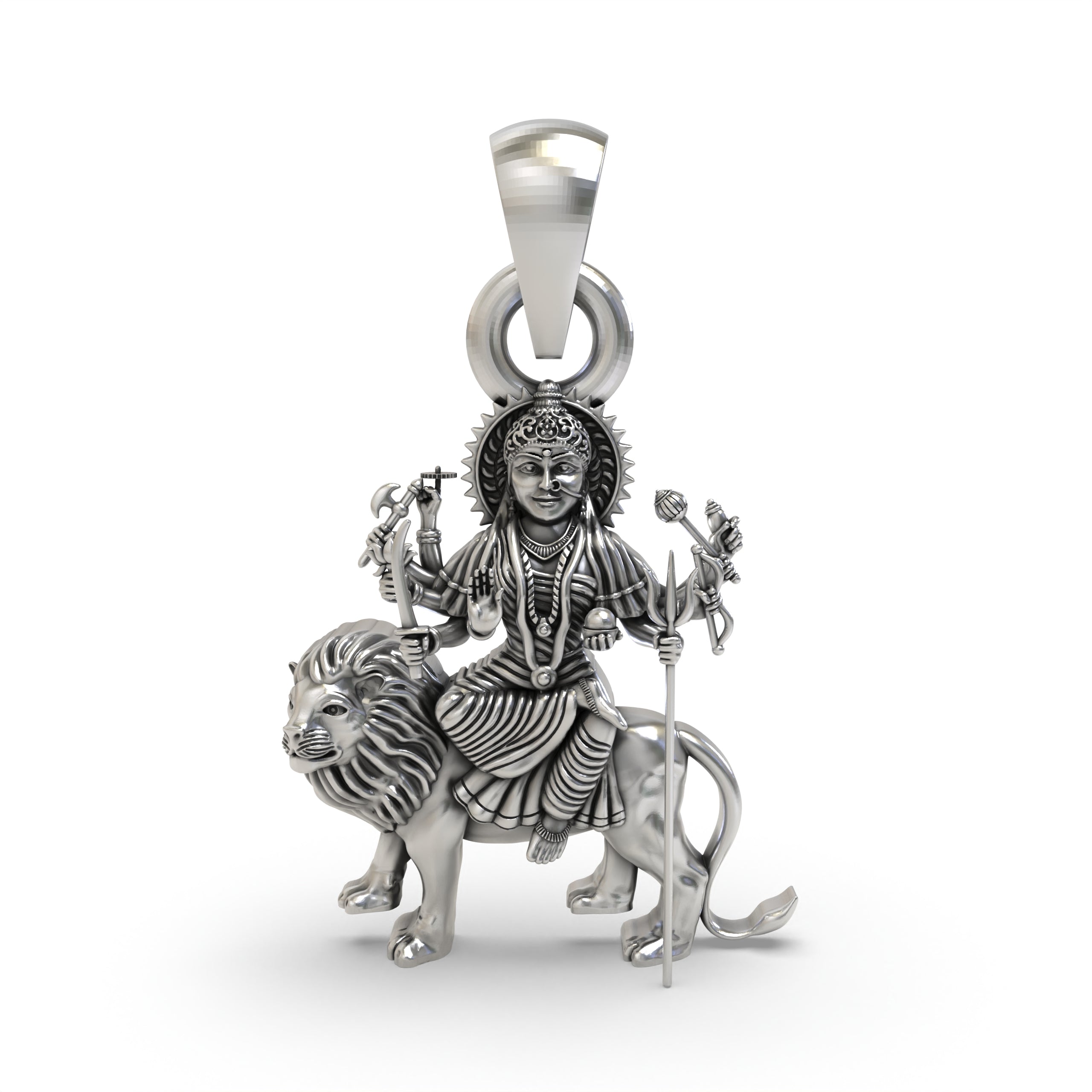 Front view of a 925 silver Durga Maa pendant, showing the goddess sitting majestically on her lion with an oxidized finish. Main image