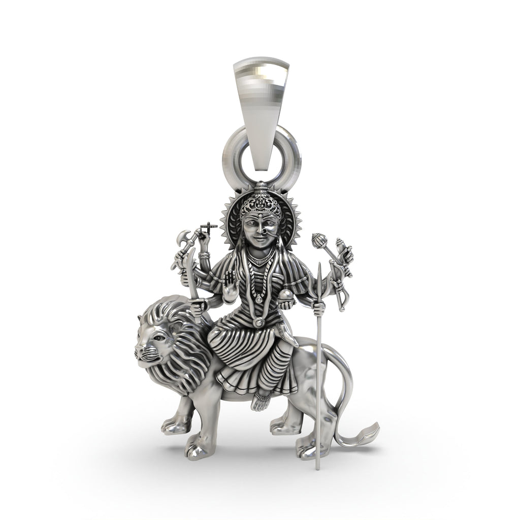 Front view of a 925 silver Durga Maa pendant, showing the goddess sitting majestically on her lion with an oxidized finish.