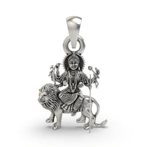 Front view of a 925 silver Durga Maa pendant, showing the goddess sitting majestically on her lion with an oxidized finish.