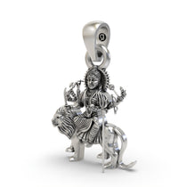 Angled side view of the handcrafted Durga Maa on lion 925 silver pendant, highlighting the intricate details of the deity.