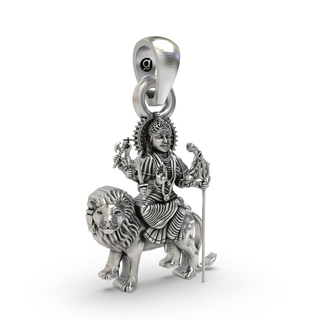 Close-up detail of the powerful goddess Durga Maa pendant in 925 sterling silver, showing the texture and antique finish.