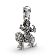Close-up detail of the powerful goddess Durga Maa pendant in 925 sterling silver, showing the texture and antique finish.