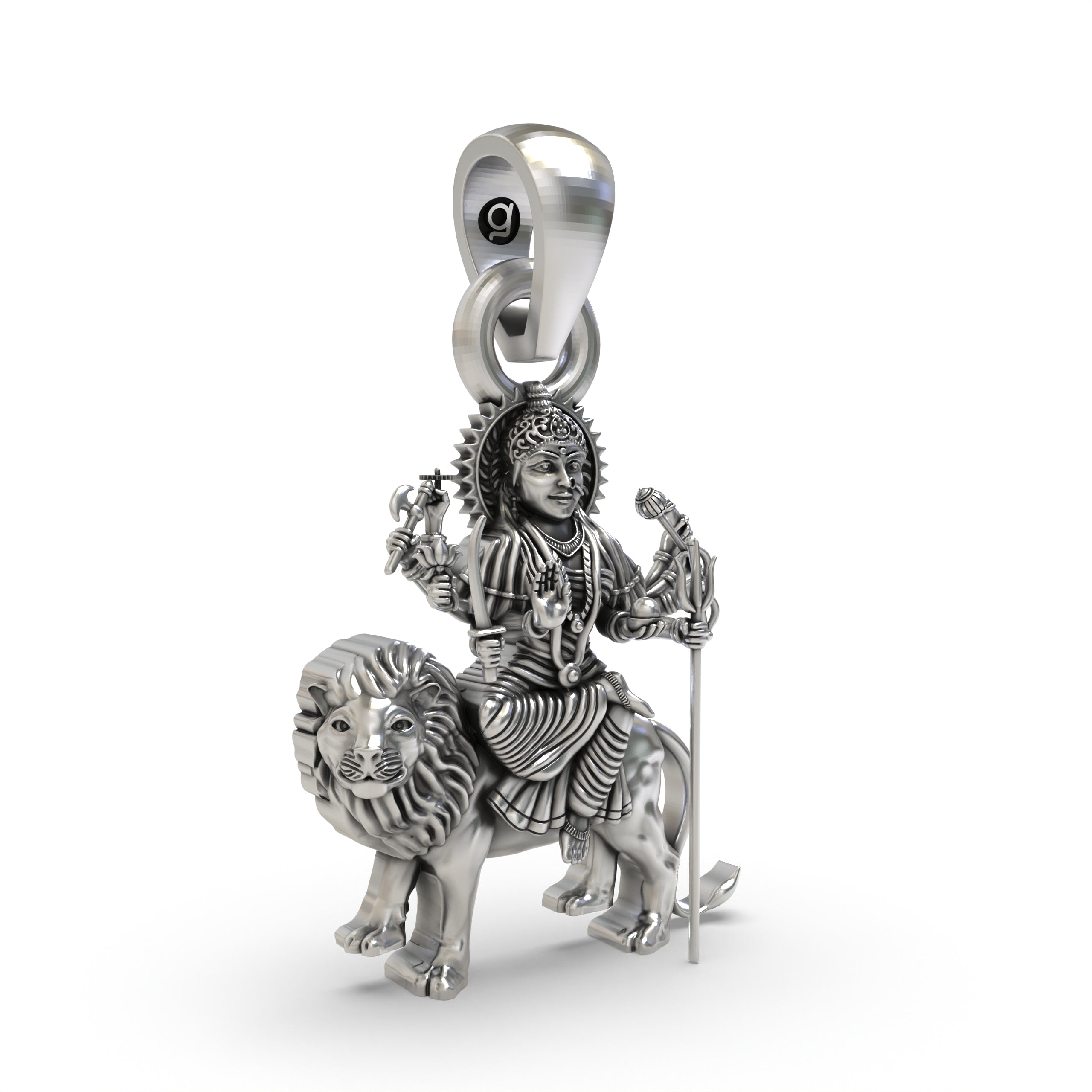 Close-up detail of the powerful goddess Durga Maa pendant in 925 sterling silver, showing the texture and antique finish.