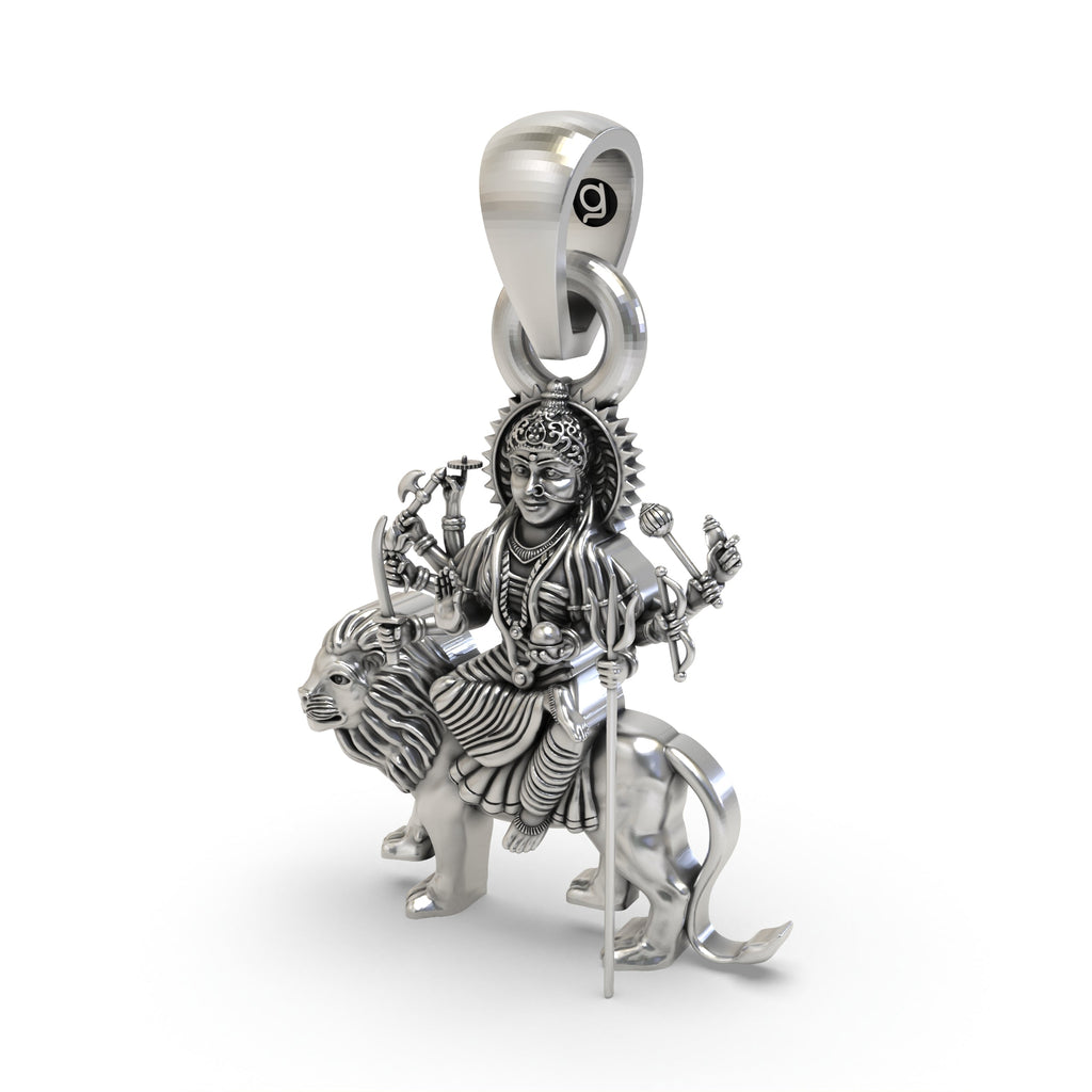 The hollow backside of the Durga Maa sitting on lion 925 silver pendant, showcasing its lightweight design for comfort.