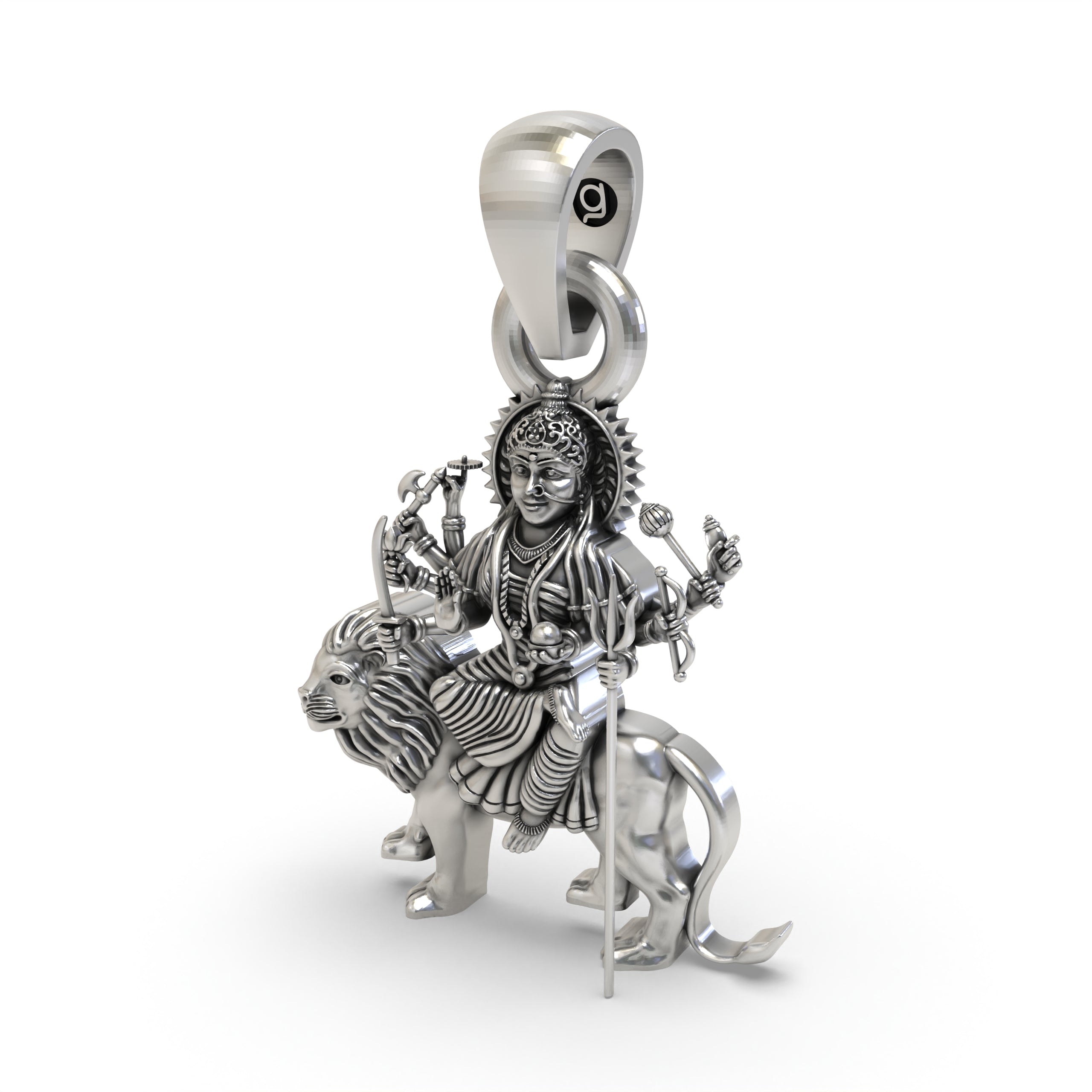 The hollow backside of the Durga Maa sitting on lion 925 silver pendant, showcasing its lightweight design for comfort.